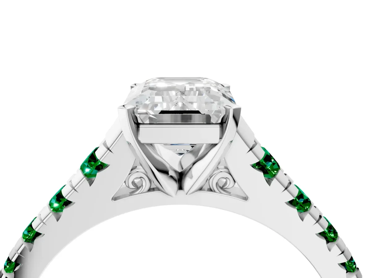 Emerald Cut Diamond Cathedral Solitaire Ring with Round Emerald Pavé Band White gold