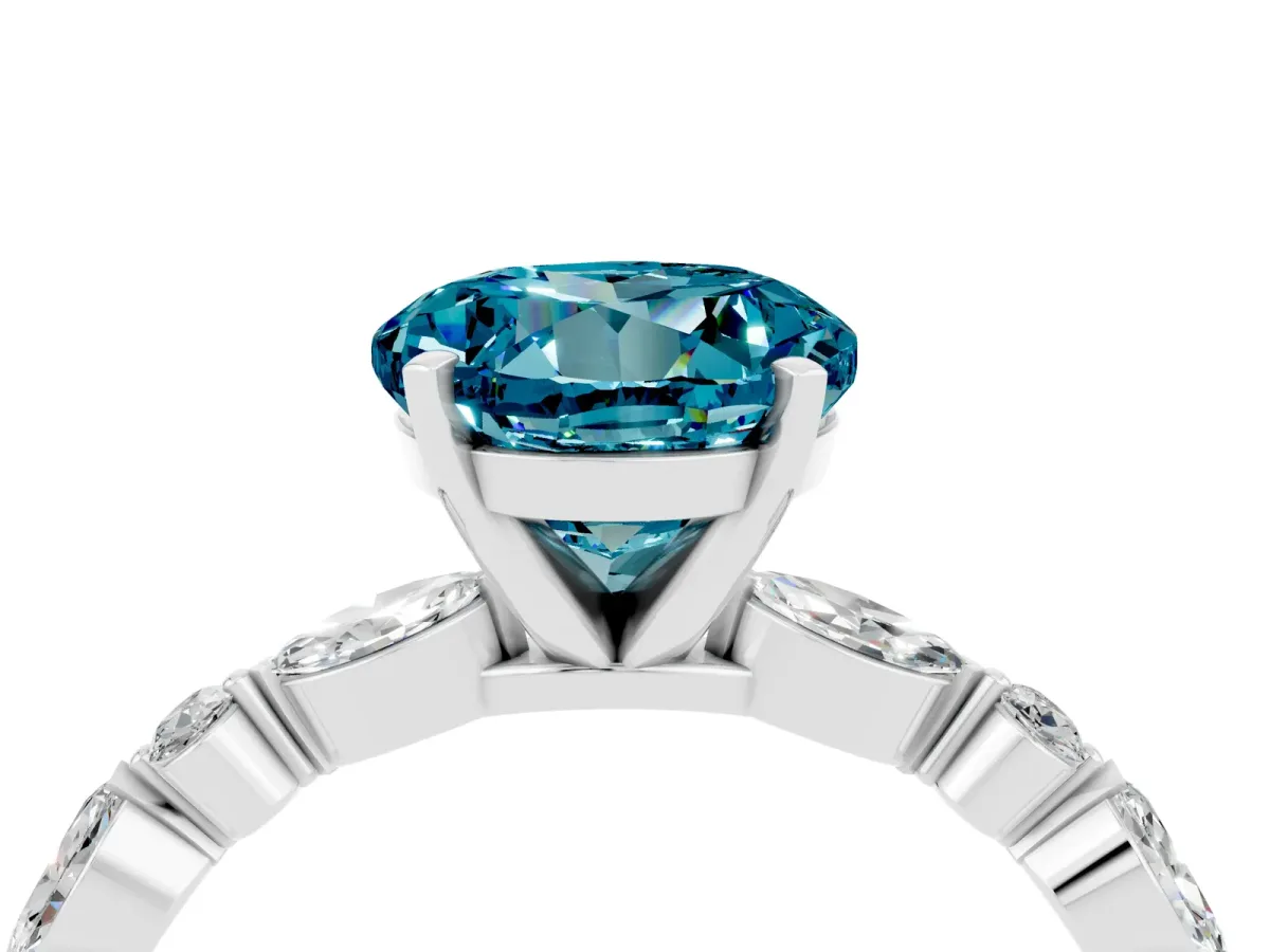 Round Cut Blue Topaz Ring with Marquise and Round Side Stones and Four-Prong Setting Silver