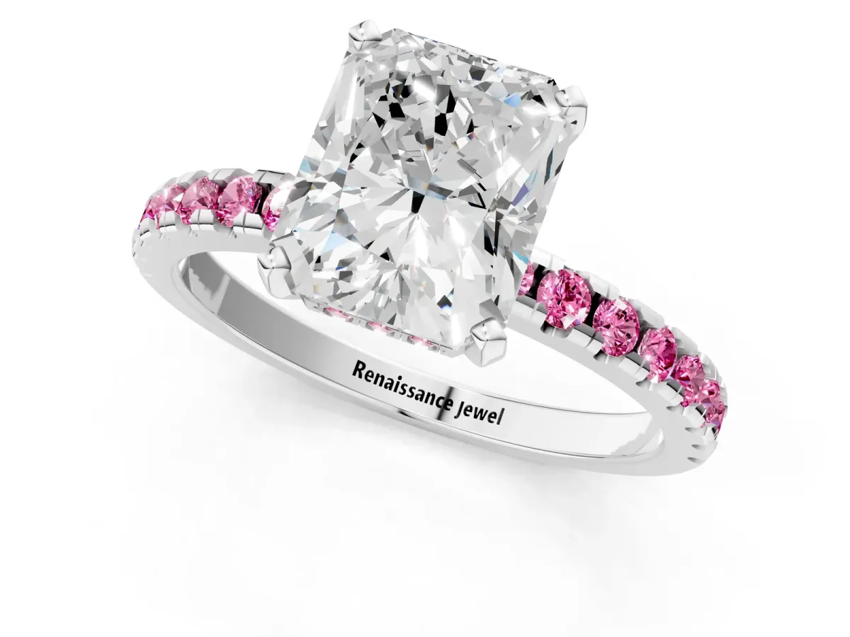 Radiant Cut Diamond Solitaire Ring with Round Pink Sapphire Pavé Band and Four-Prong Setting Silver
