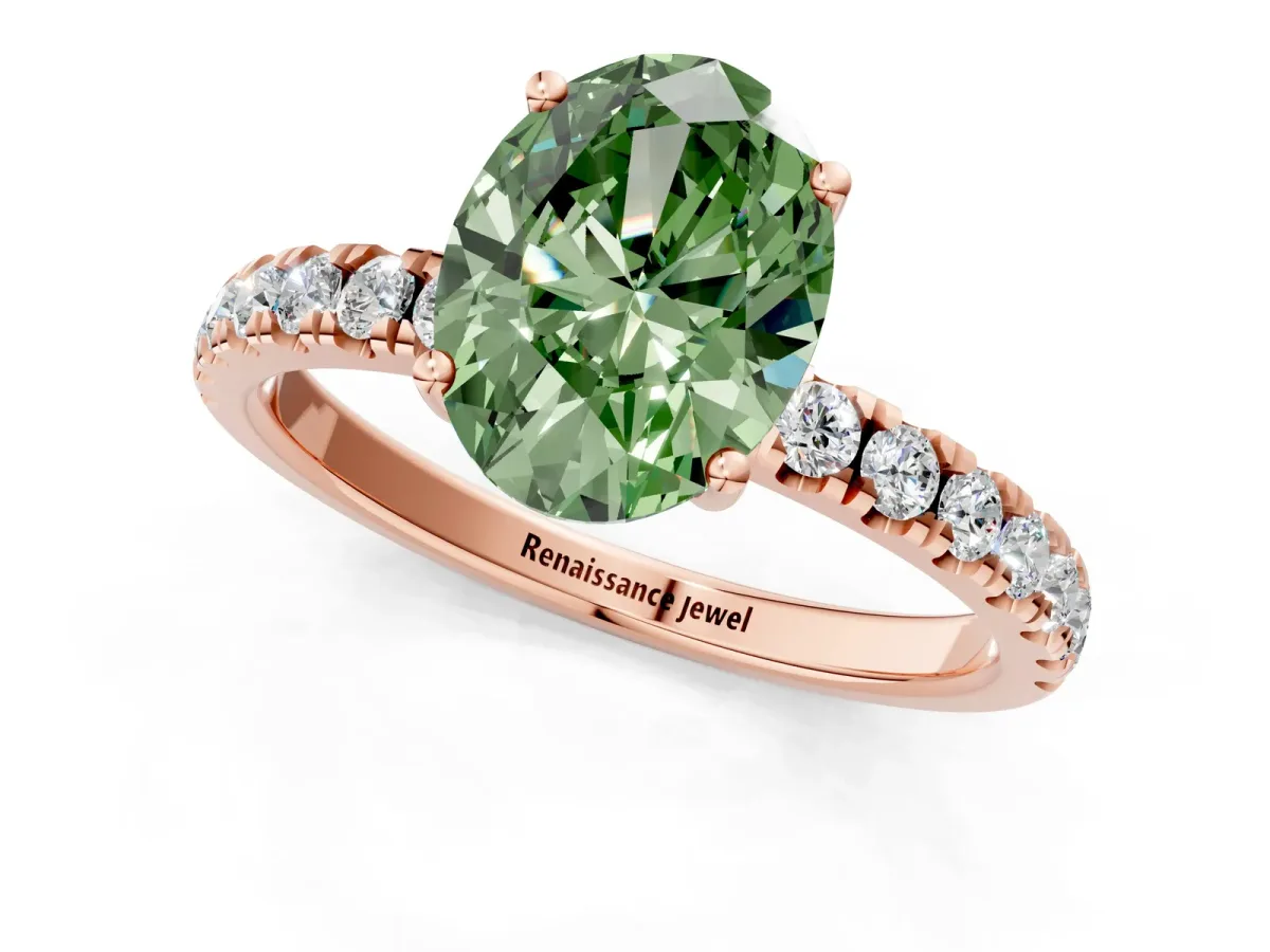 Fancy Green Oval Cut Diamond Pave Band Solitaire Ring with Round and Prong Setting Rose gold