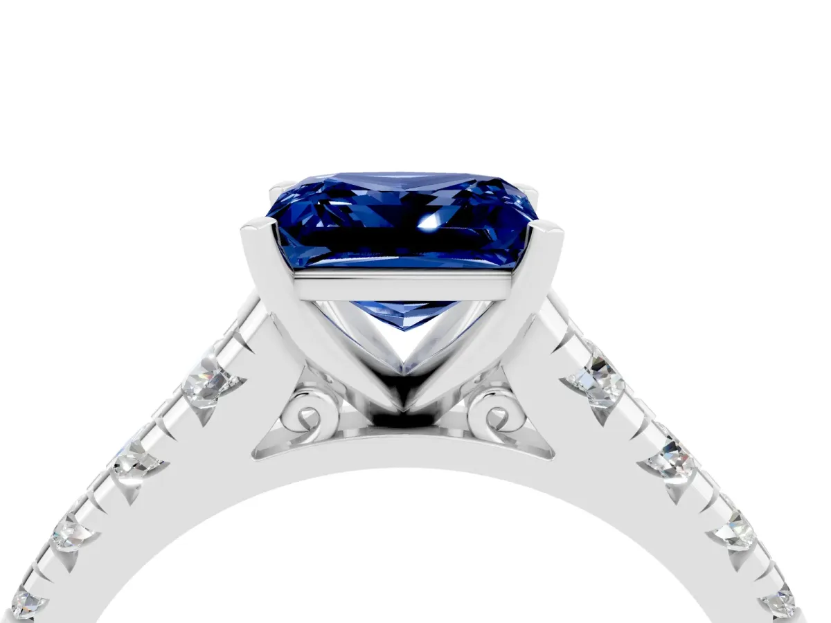 Princess Cut Blue Sapphire Cathedral Solitaire Ring with Round Pavé Band Platinum