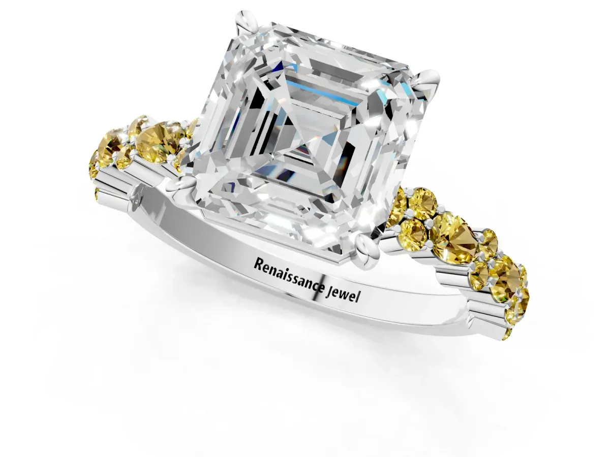Asscher Cut Diamond Side Stone Solitaire Ring with Round Yellow Sapphire and Four-Prong Setting Platinum
