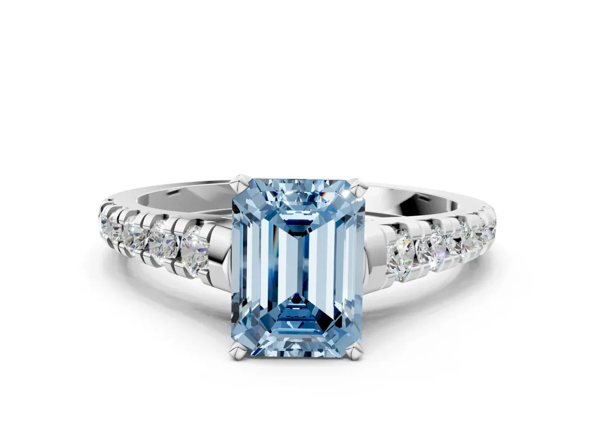 Fancy Blue Emerald Cut Diamond Cathedral Solitaire Ring with Round Pavé Band Silver