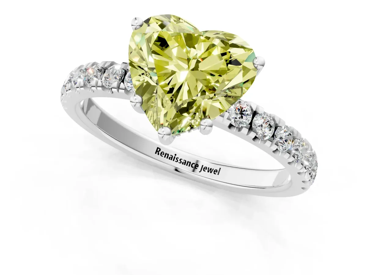 Fancy Yellow Heart Cut Diamond Pave Band Solitaire Ring with Round and Prong Setting Silver