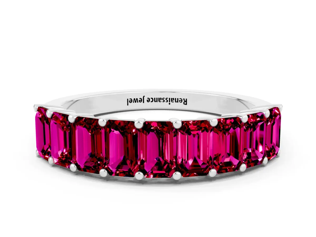 Emerald Cut Garnet Prong-Set Eternity Band White gold