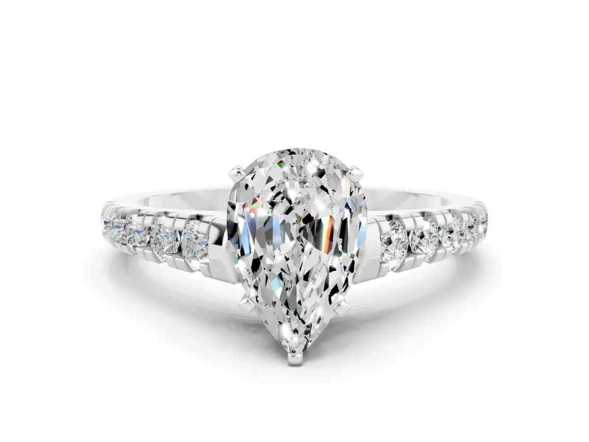 Pear Cut Moissanite Cathedral Solitaire Ring with Round Pavé Band Platinum