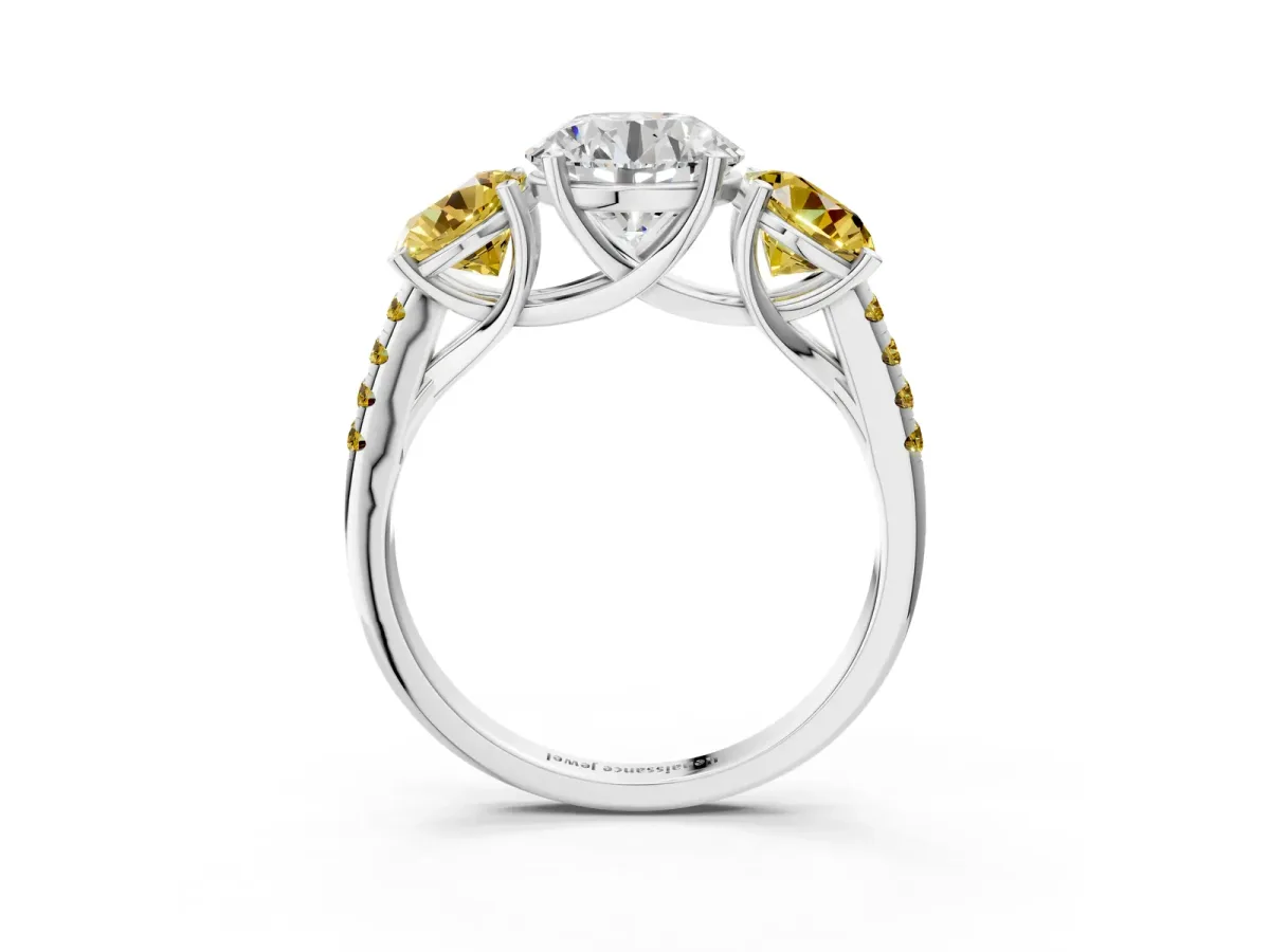 Three-Stone Round Cut Diamond Ring with Round Yellow Sapphire Pavé Band and Prong Setting White gold
