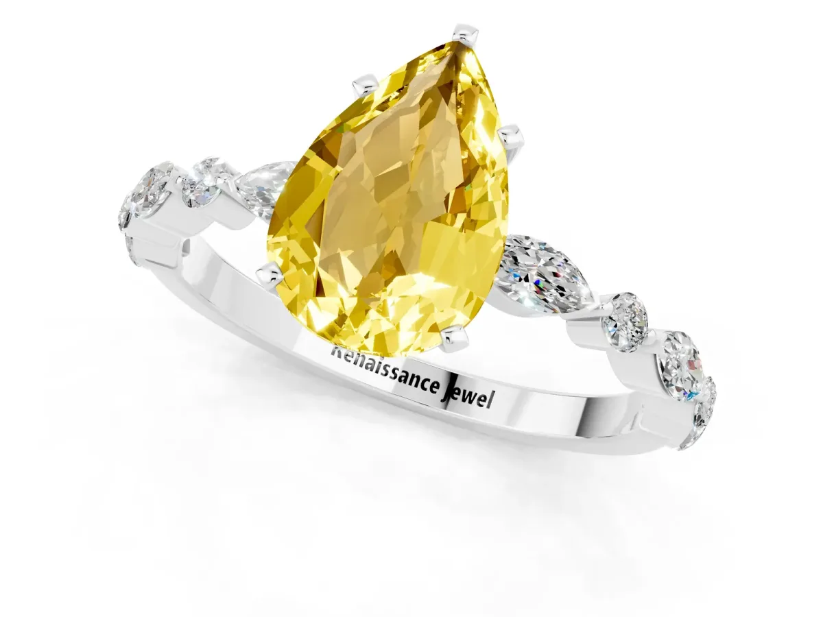 Pear Cut Yellow Sapphire Ring with Marquise and Round Side Stones and Four-Prong Setting Silver