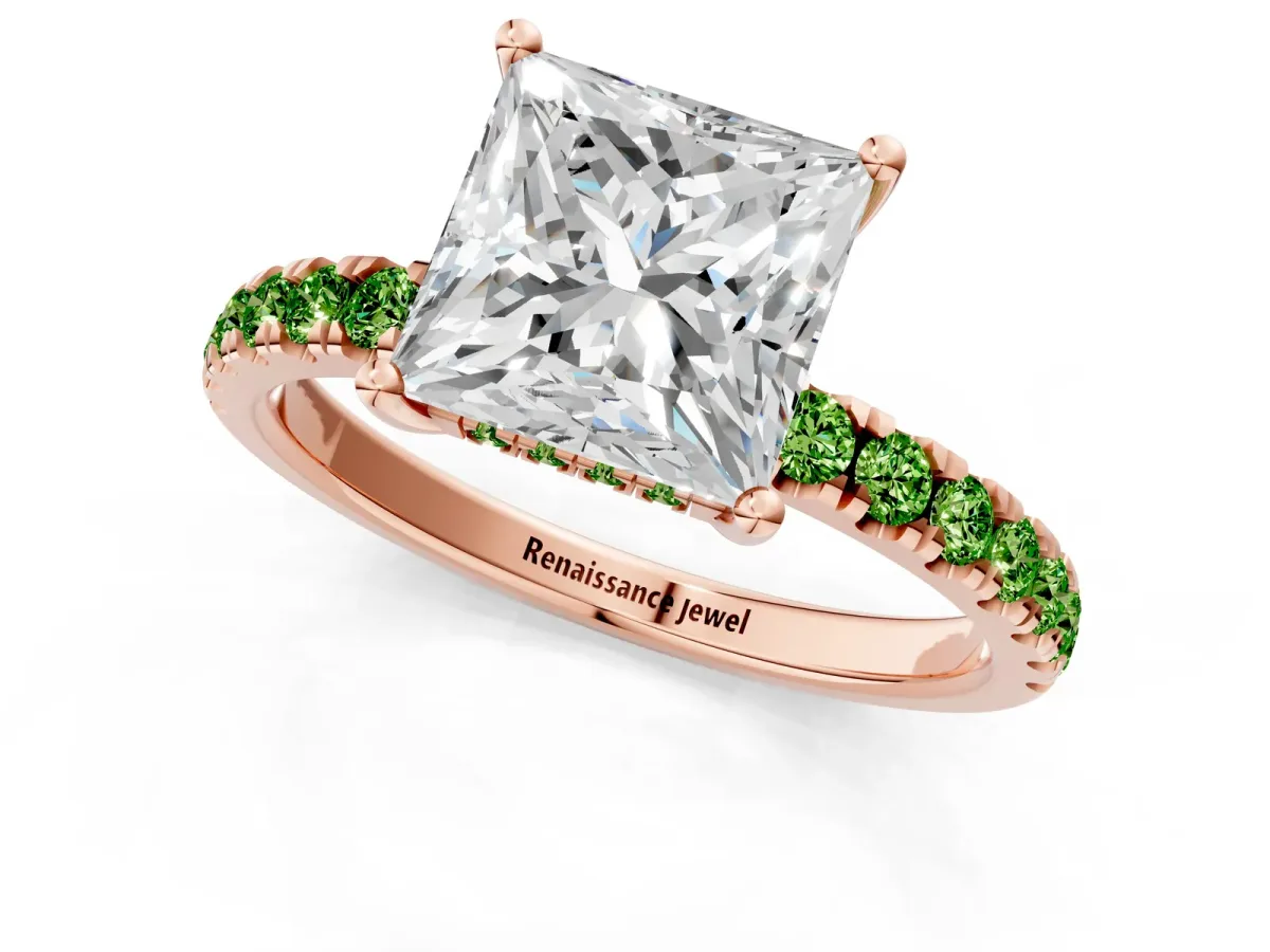 Princess Cut Diamond Pave Band Solitaire Ring with Round Peridot and Prong Setting Rose gold
