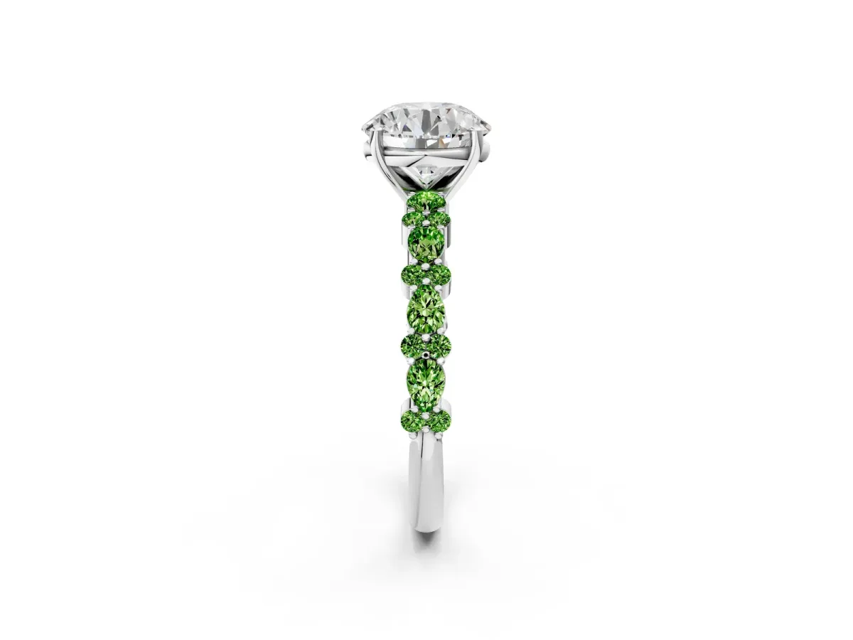 Round Cut Diamond Side Stone Solitaire Ring with Round Tanzanite and Four-Prong Setting Silver