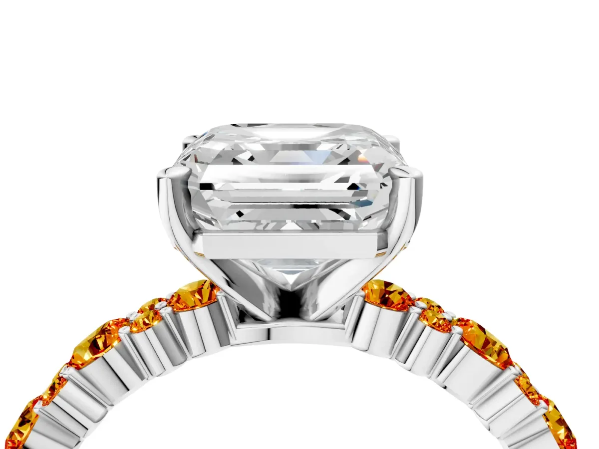Asscher Cut Diamond Side Stone Solitaire Ring with Round Citrine and Four-Prong Setting Silver