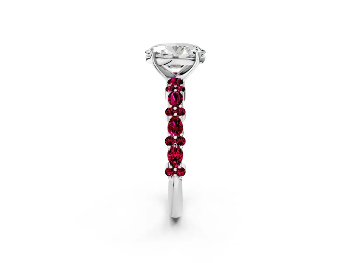 Oval Cut Diamond Side Stone Solitaire Ring with Round Garnet and Four-Prong Setting Silver