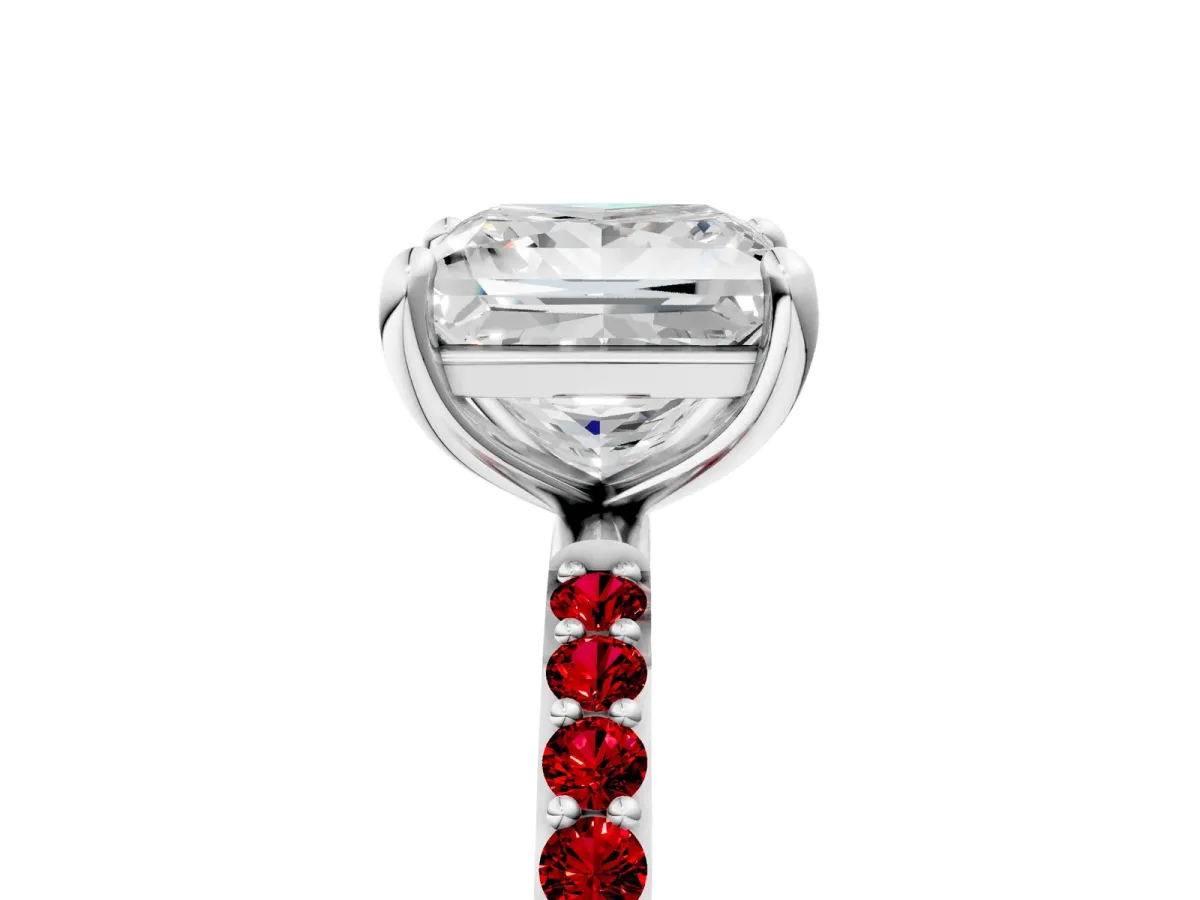 Princess Cut Diamond Solitaire Ring with Round Ruby Pavé Band and Prong Setting Silver