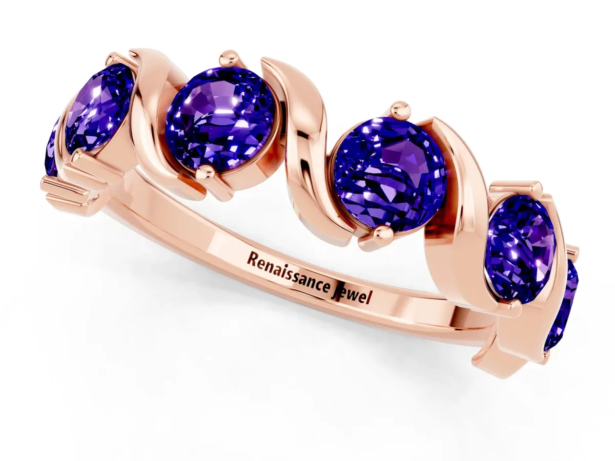 Round Tanzanite Half Eternity Band with Wave Prong Setting Rose gold