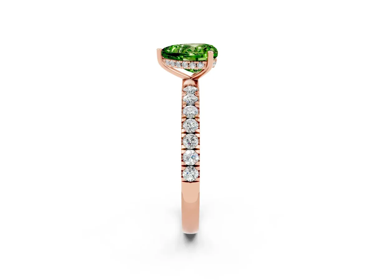 Heart Cut Peridot Pave Band Solitaire Ring with Round and Prong Setting Rose gold