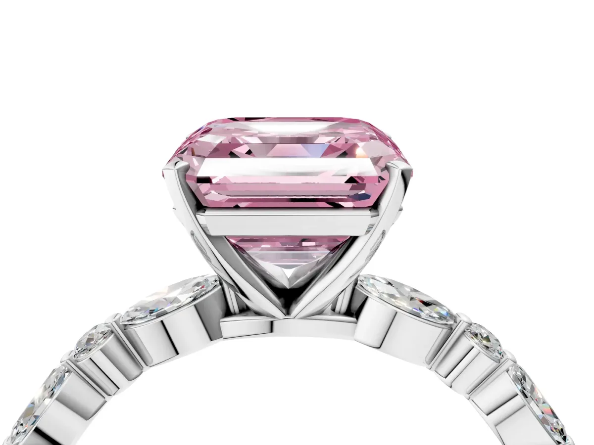 Fancy Pink Asscher Cut Diamond Ring with Marquise and Round Side Stones and Four-Prong Setting Platinum
