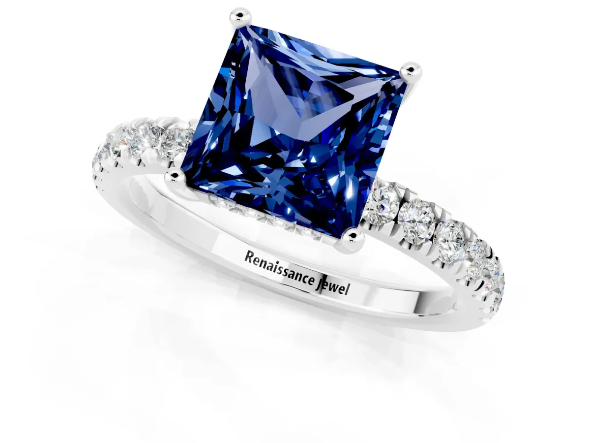 Princess Cut Blue Sapphire Pave Band Solitaire Ring with Round and Prong Setting Platinum