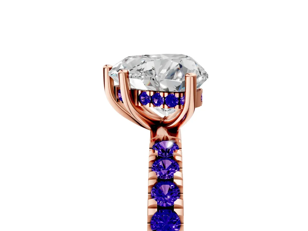Heart Cut Diamond Pave Band Solitaire Ring with Round Tanzanite and Prong Setting Rose gold