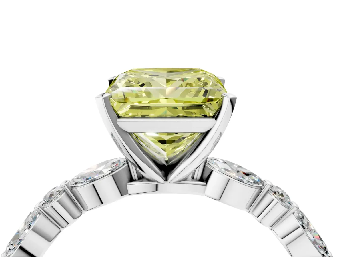 Fancy Yellow Princess Cut Diamond Ring with Marquise and Round Side Stones and Four-Prong Setting Silver