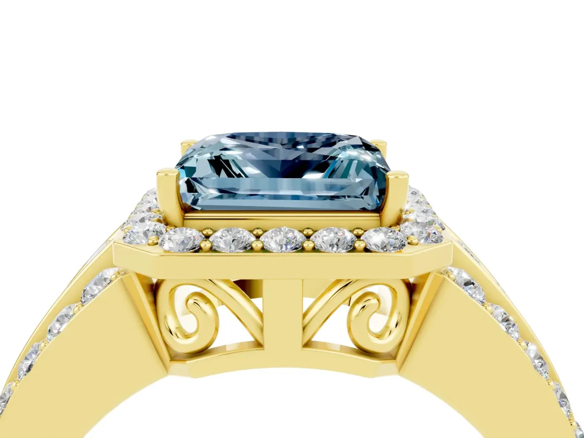 Princess Cut Halo Aquamarine Ring with Round Split Shank and Prong Setting Yellow gold