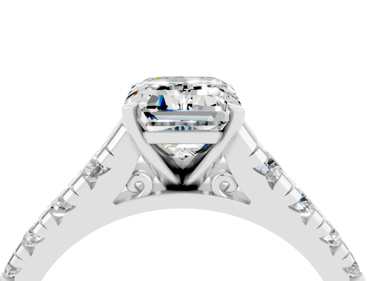 Emerald Cut Moissanite Cathedral Solitaire Ring with Round Pavé Band Platinum
