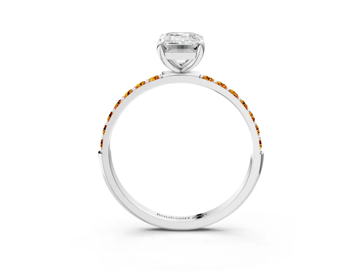 Emerald Cut Diamond Solitaire Ring with Round Citrine Pavé Band and Prong Setting Platinum