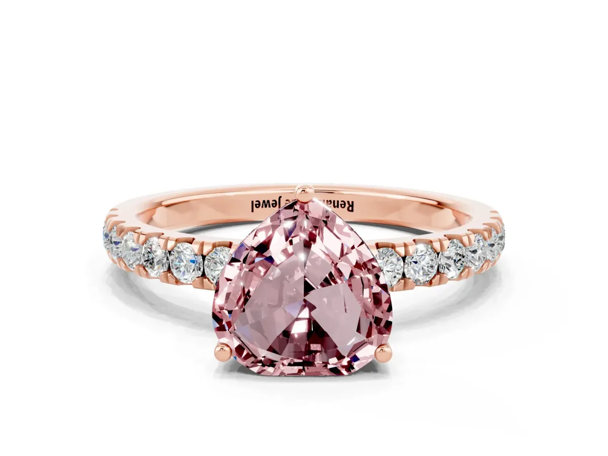 Heart Cut Morganite Pave Band Solitaire Ring with Round and Prong Setting Rose gold