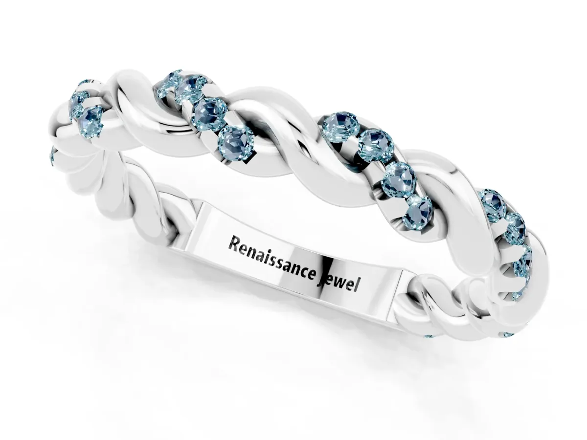 Twisted Pavé Round Aquamarine Eternity Band Silver