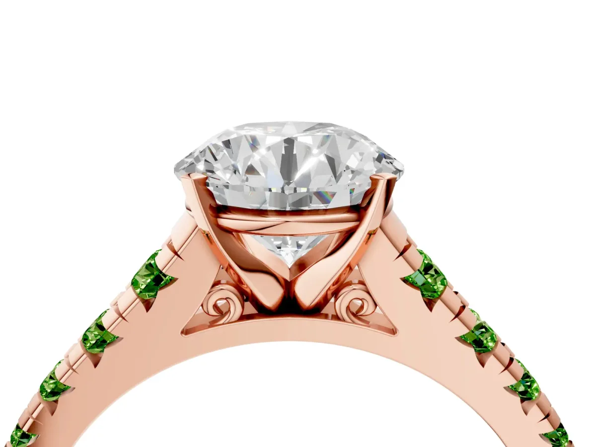 Round Cut Diamond Cathedral Solitaire Ring with Round Peridot Pavé Band Rose gold