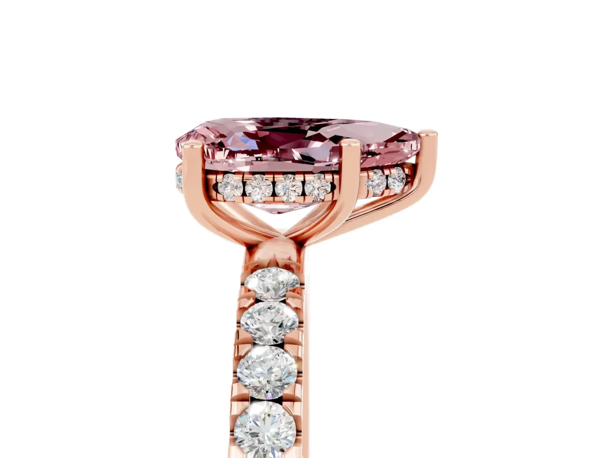 Pear Cut Morganite Pave Band Solitaire Ring with Round and Prong Setting Rose gold