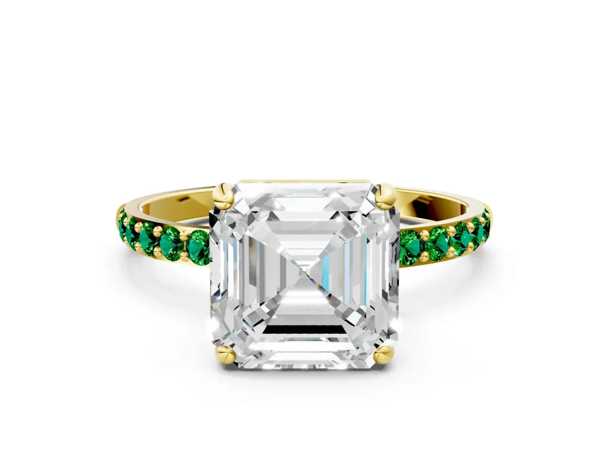 Asscher Cut Diamond Solitaire Ring with Round Emerald Pavé Band and Prong Setting Yellow gold
