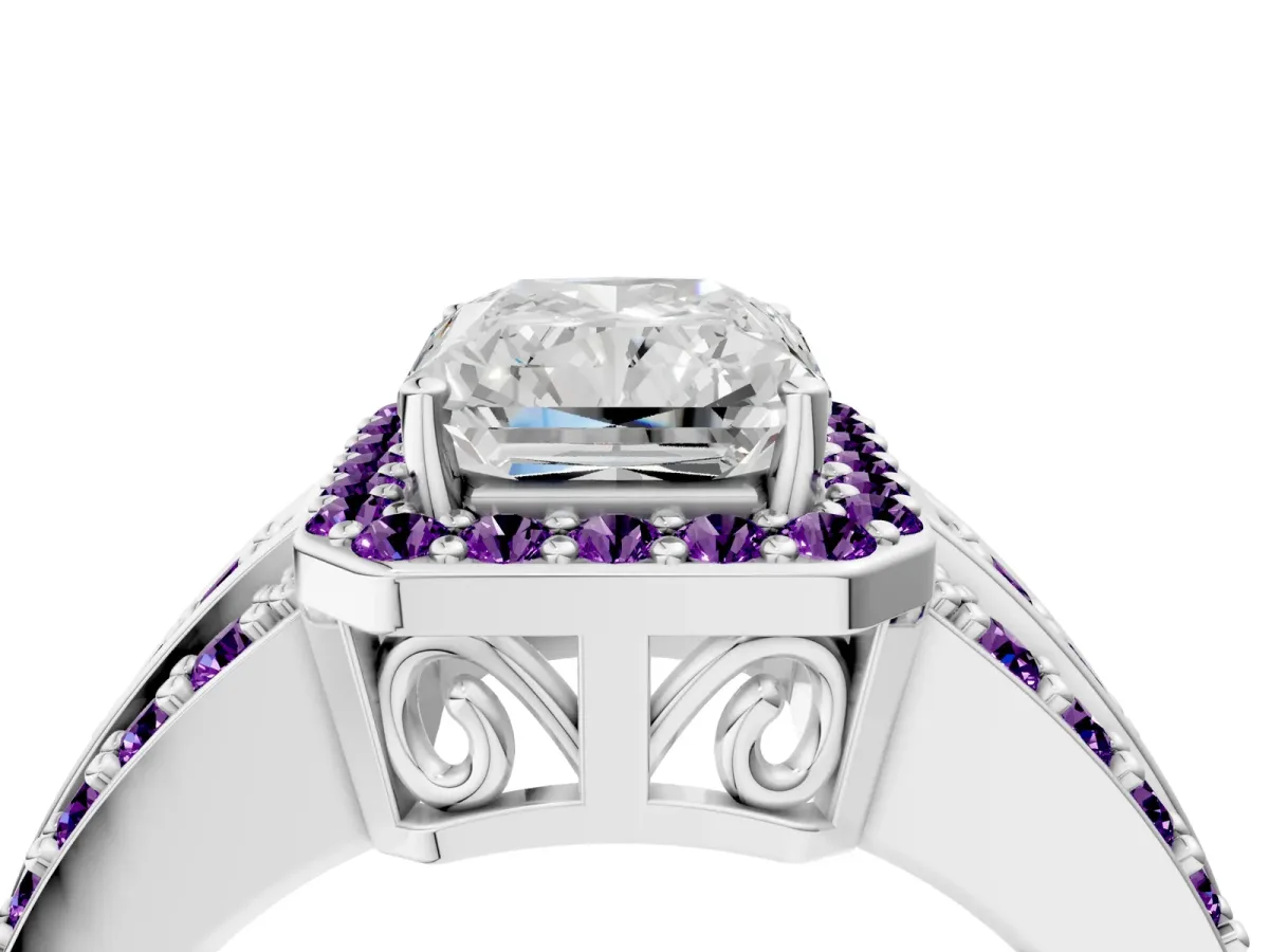 Radiant Cut Halo Diamond Ring with Round Amethyst Split Shank and Prong Setting Platinum