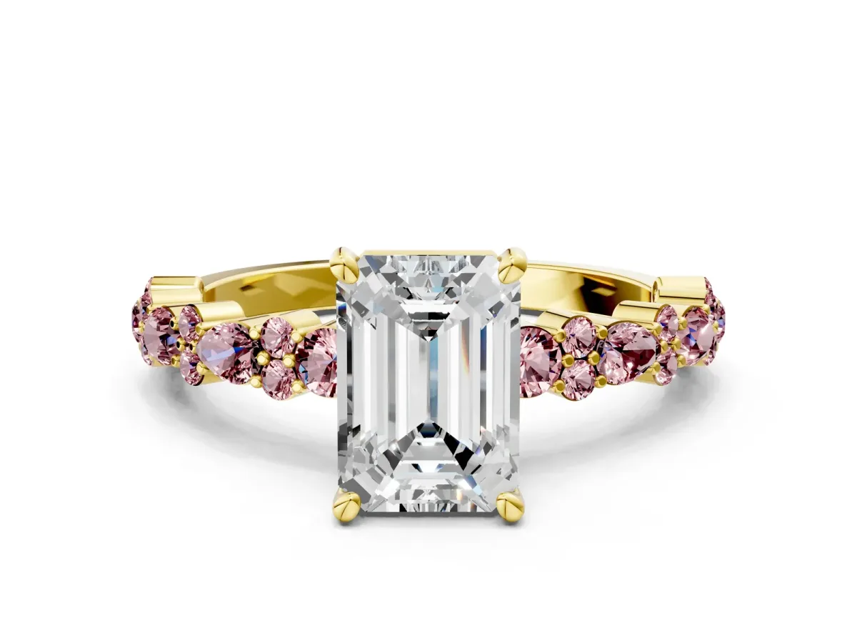 Emerald Cut Diamond Side Stone Solitaire Ring with Round Morganite and Four-Prong Setting Yellow gold