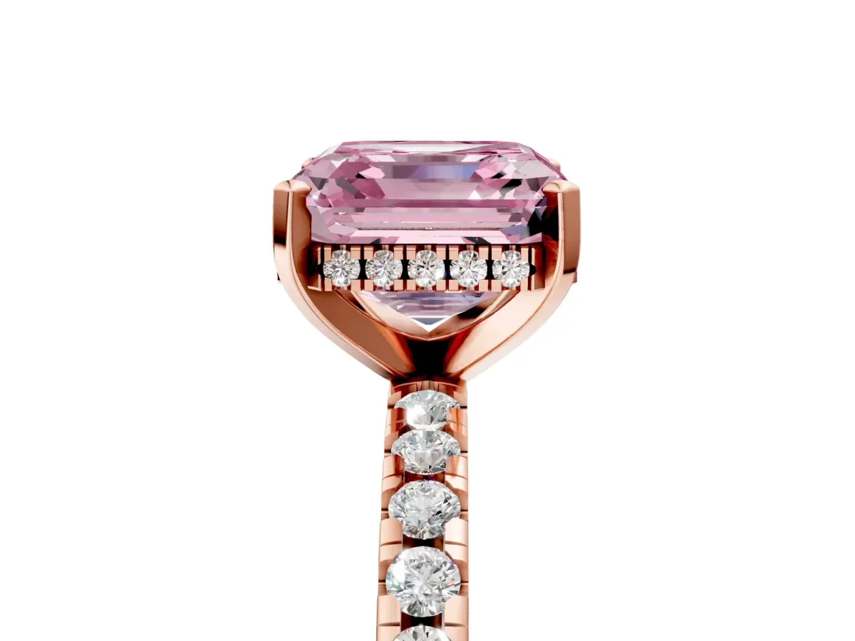 Fancy Pink Asscher Cut Diamond Solitaire Ring with Round Pavé Band and Four-Prong Setting Rose gold