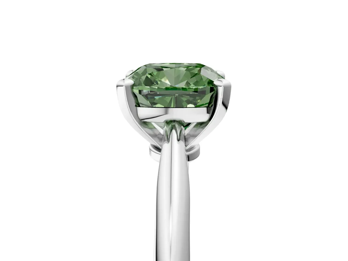 Fancy Green Cushion Cut Diamond Solitaire Engagement Ring with Classic Band and Four-Prong Setting Silver