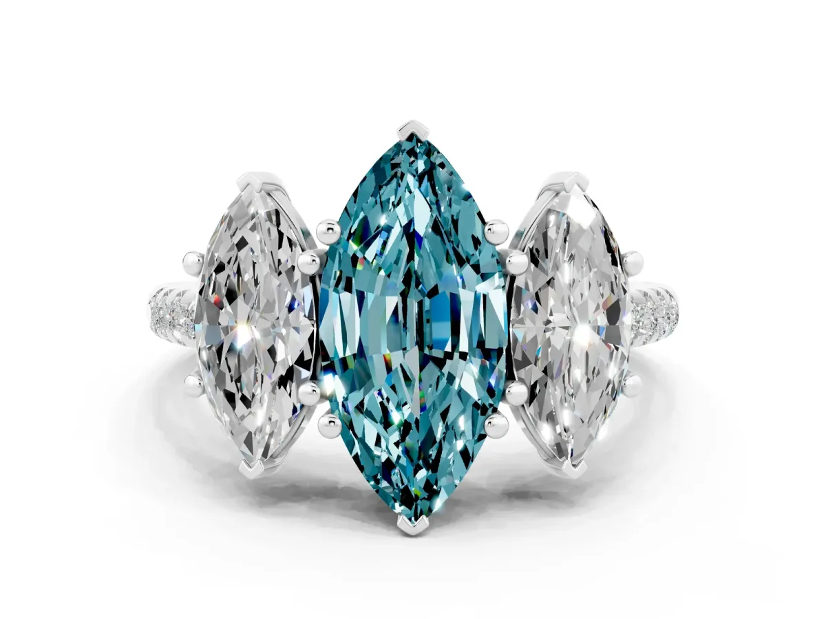 Three-Stone Marquise Cut Blue Topaz Ring with Round Pavé Band and Prong Setting Platinum