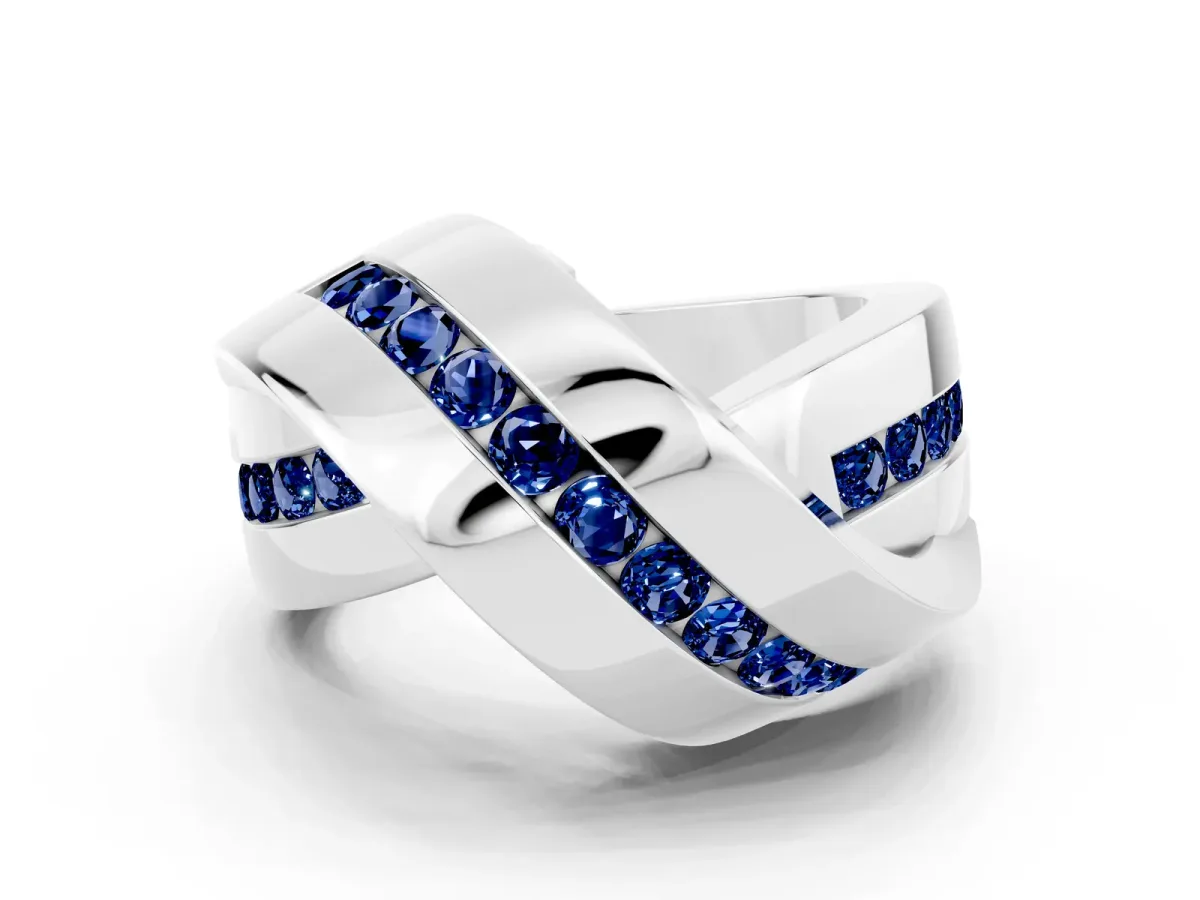 Pavé Round Blue Sapphire Crossover Band with Channel Setting White gold