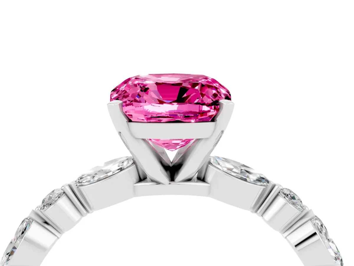 Cushion Cut Pink Sapphire Ring with Marquise and Round Side Stones and Four-Prong Setting Silver