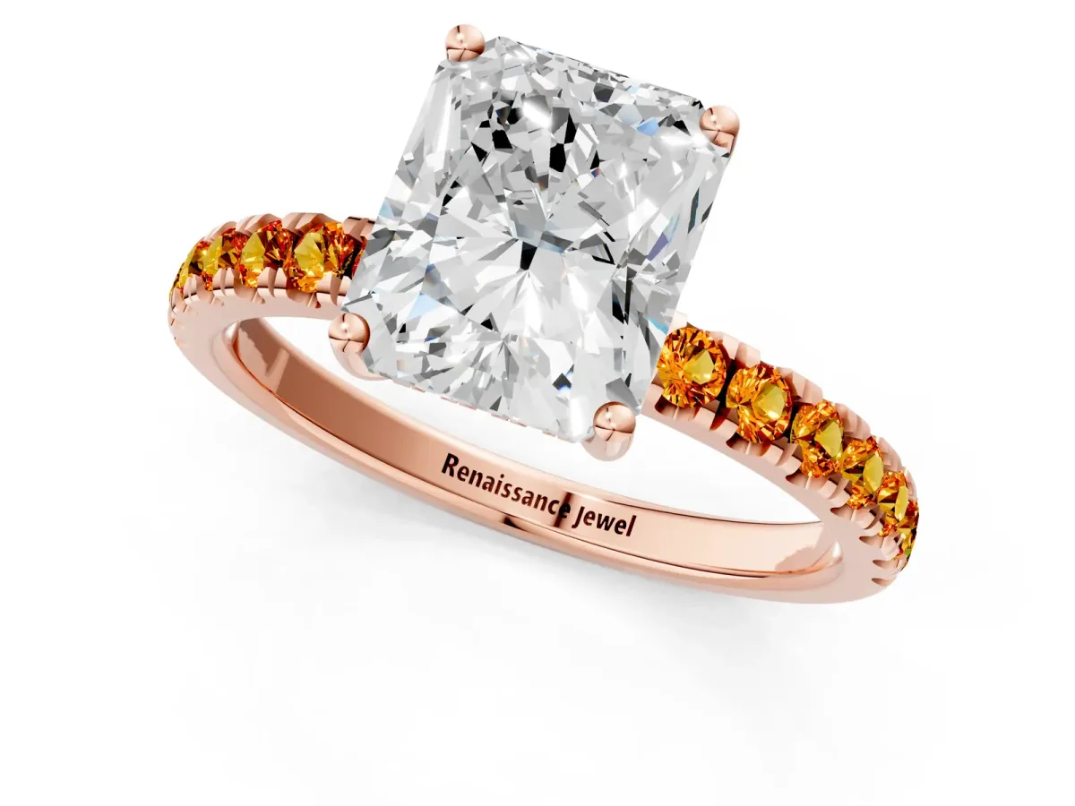 Radiant Cut Diamond Pave Band Solitaire Ring with Round Citrine and Prong Setting Rose gold