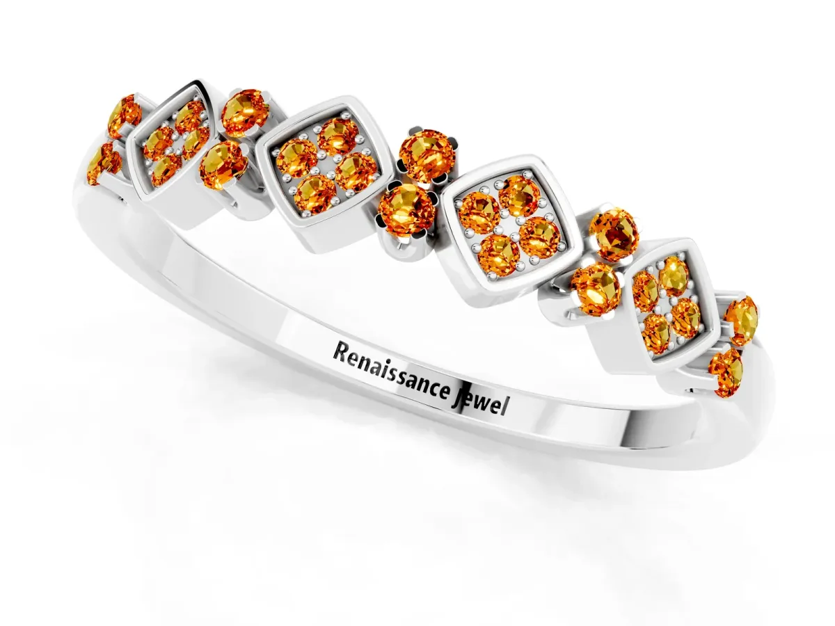Pavé Cushion Citrine Cluster Eternity Band with Prong Setting Platinum