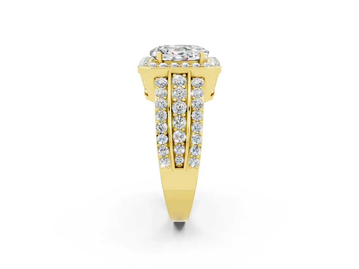 Oval Cut Halo Moissanite Ring with Round Split Shank and Prong Setting Yellow gold