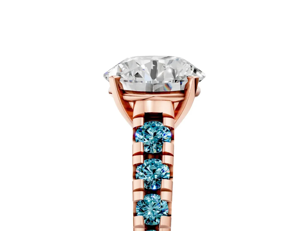 Round Cut Diamond Cathedral Solitaire Ring with Round Blue Topaz Pavé Band Rose gold