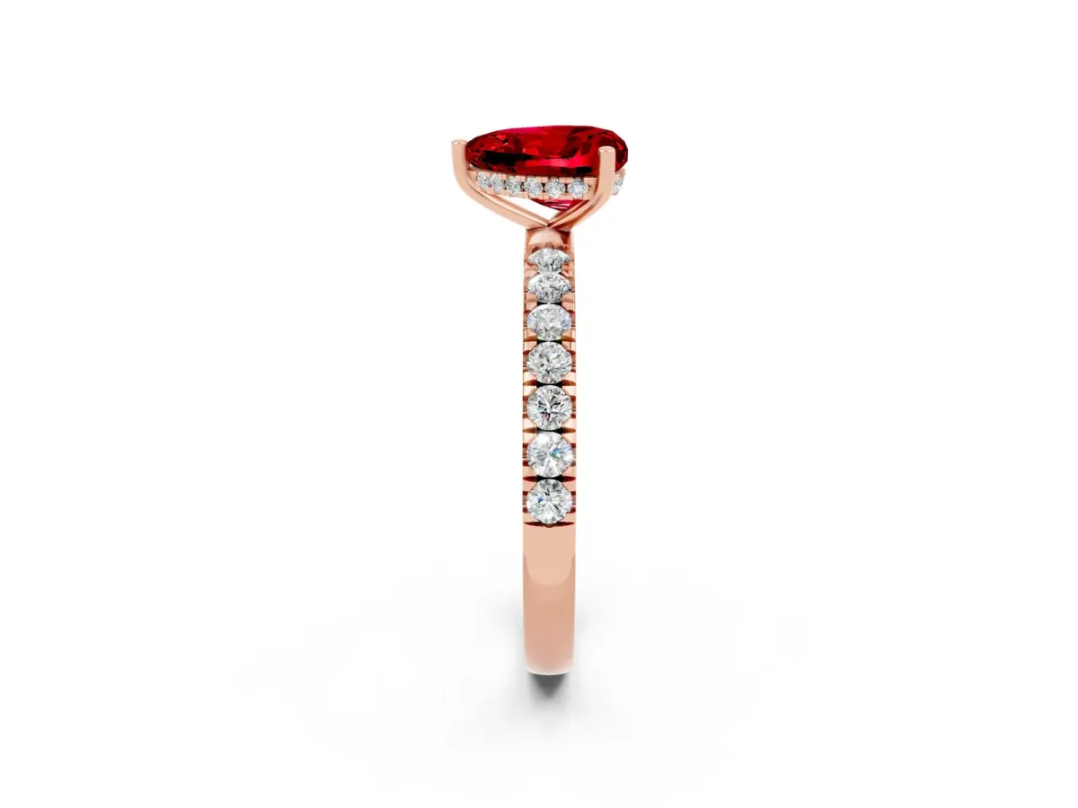 Heart Cut Ruby Pave Band Solitaire Ring with Round and Prong Setting Rose gold