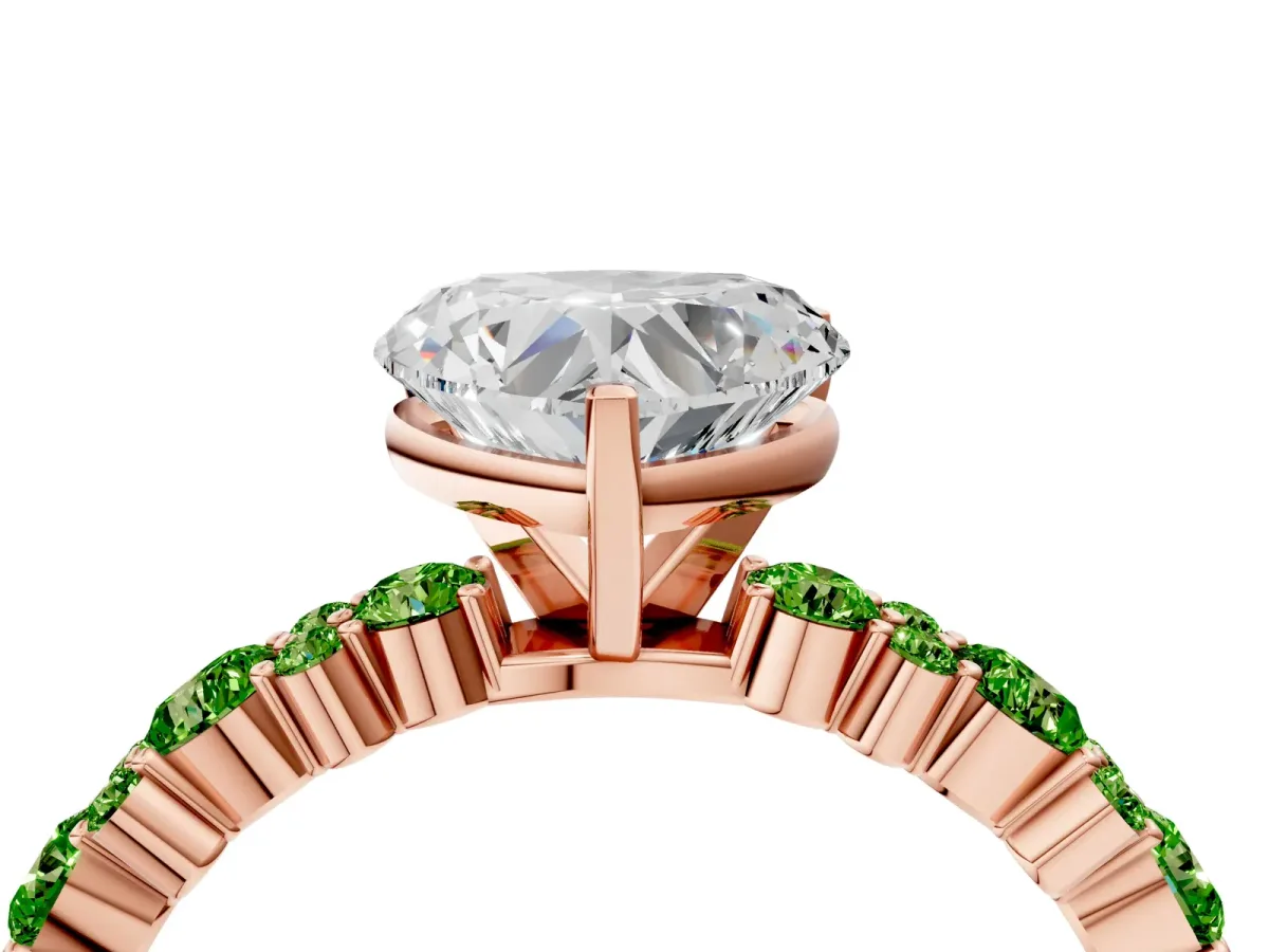 Heart Cut Diamond Side Stone Solitaire Ring with Round Peridot and Four-Prong Setting Rose gold