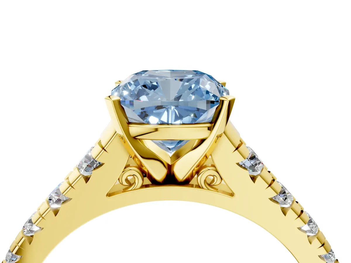 Fancy Blue Cushion Cut Diamond Cathedral Solitaire Ring with Round Pavé Band Yellow gold
