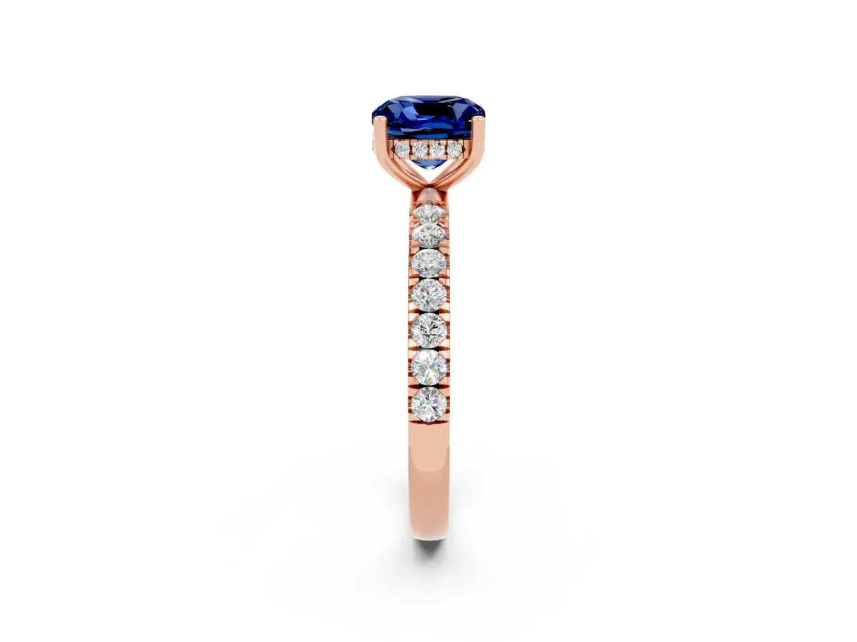 Cushion Cut Blue Sapphire Pave Band Solitaire Ring with Round and Prong Setting Rose gold