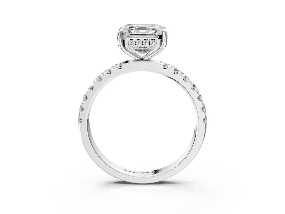 Asscher Cut Diamond Pave Band Solitaire Ring with Round Moissanite and Prong Setting Platinum