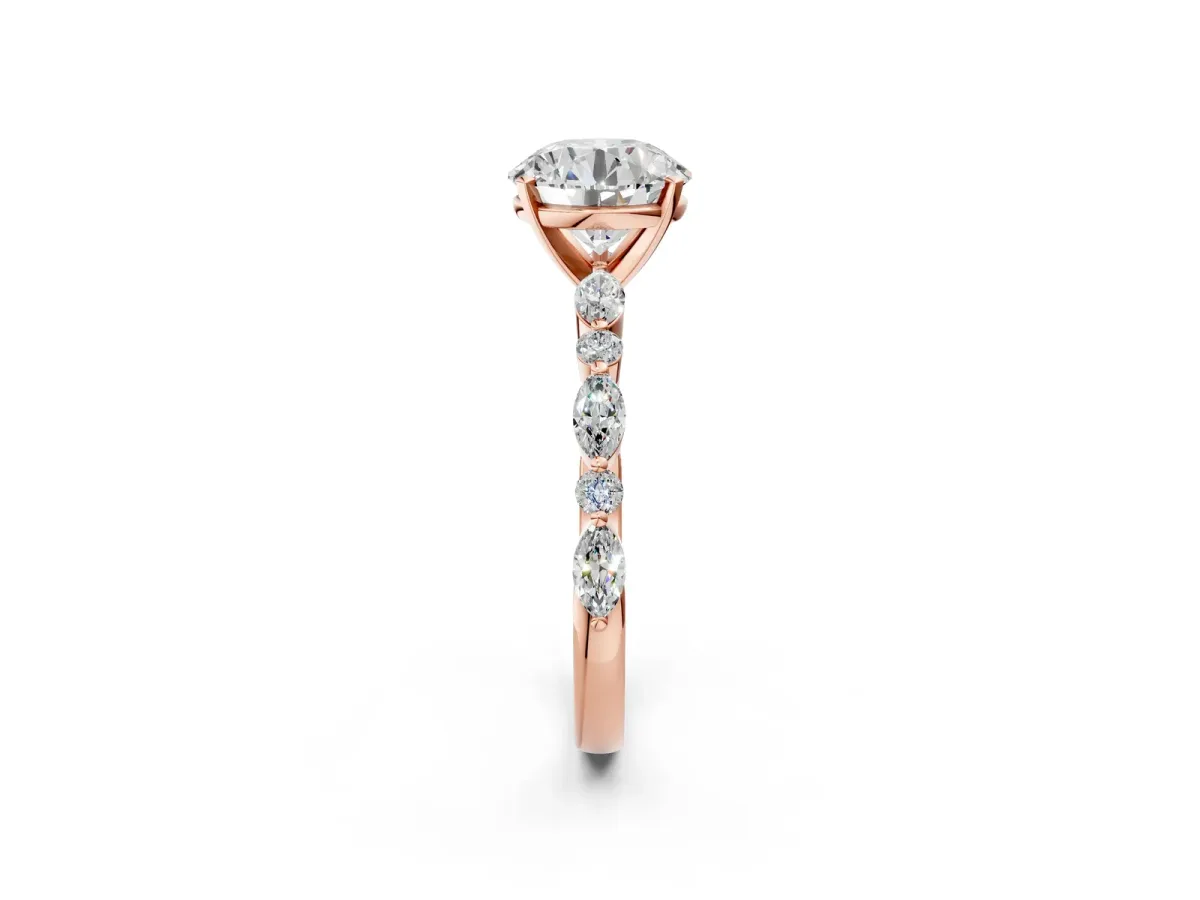 Round Cut Diamond Ring with Marquise and Round Side Stones and Four-Prong Setting Rose gold