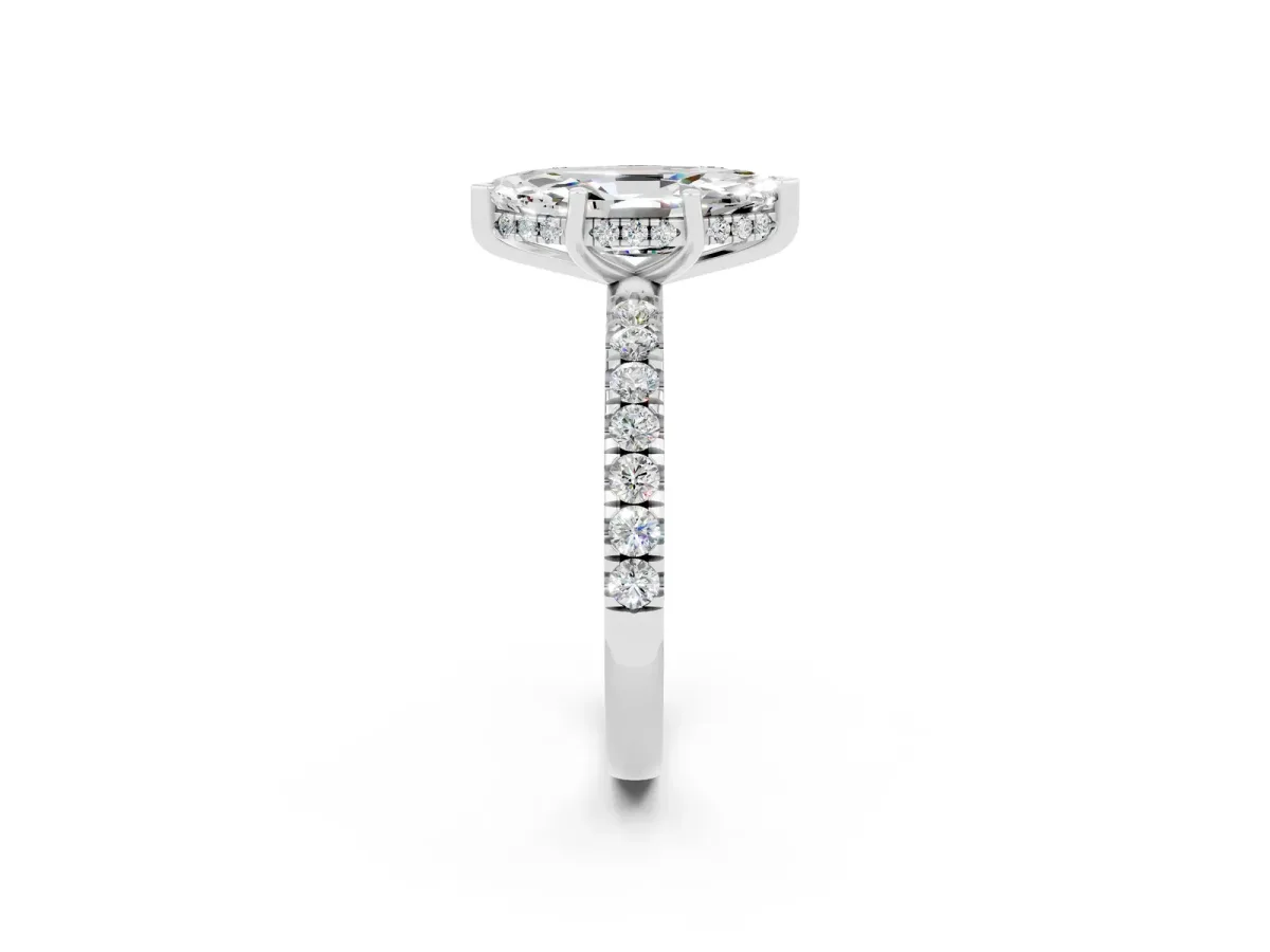 Marquise Cut Moissanite Pave Band Solitaire Ring with Round and Prong Setting Platinum