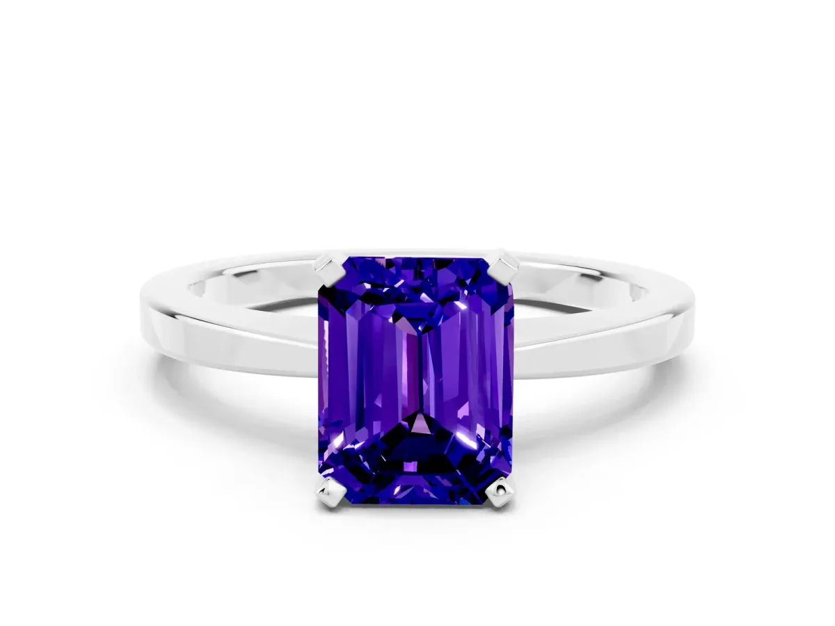 Emerald Cut Tanzanite Solitaire Engagement Ring with Classic Band and Four-Prong Setting White gold